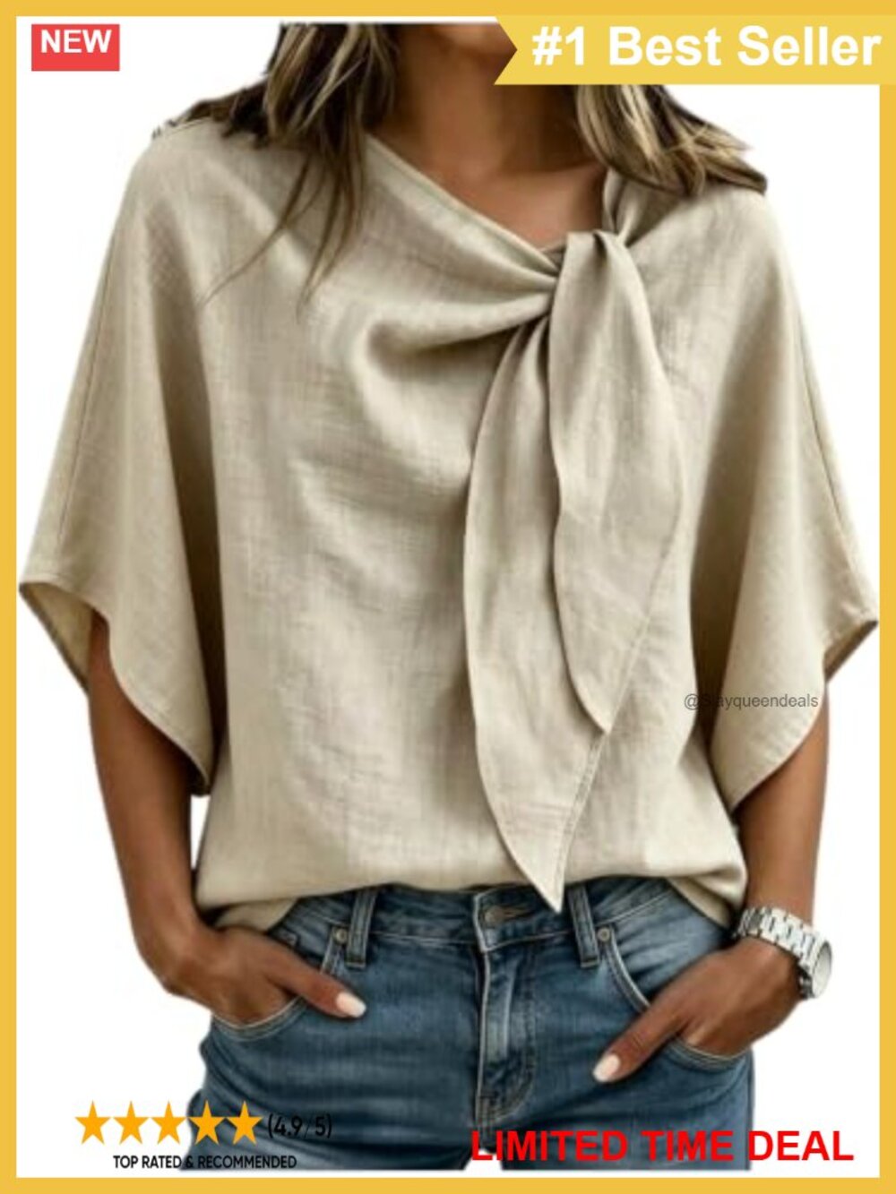 Boho Tie Neck Blouse Half Sleeve Loose Fit Work Top